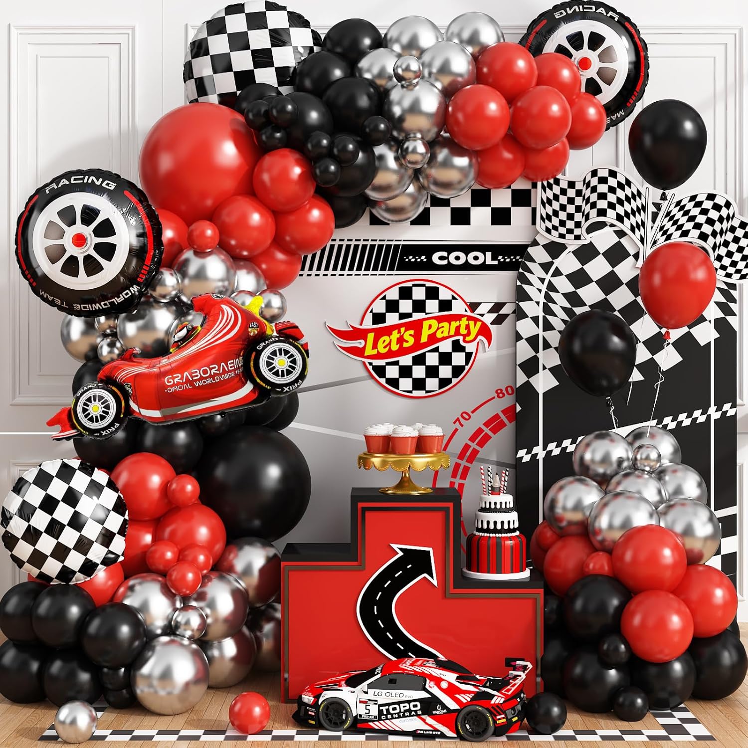 Lighting Mcqueen Birthday Decor - Rennwagen Karierter Radballon Rot Schwarz Silber