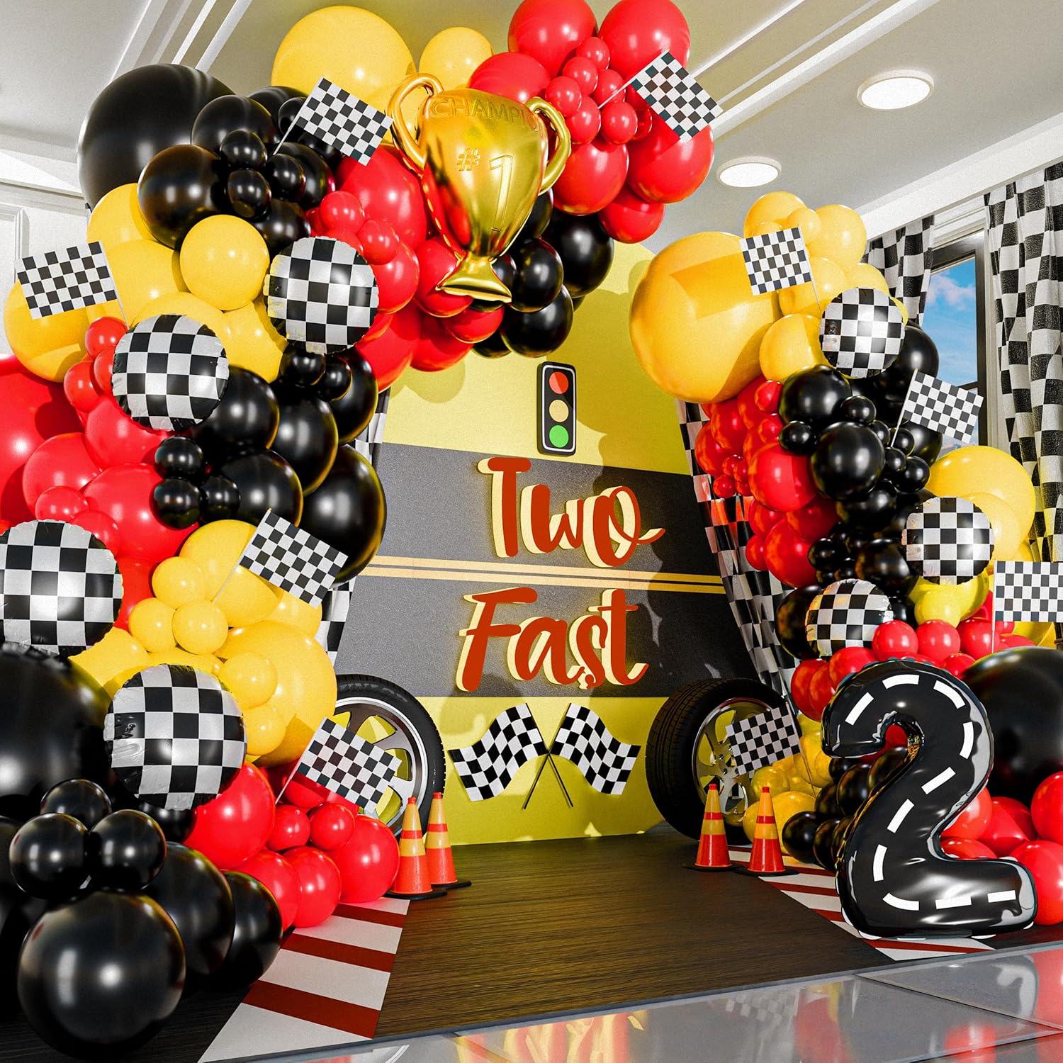 98-teiliges gelbes und schwarz – Lighting Mcqueen Birthday Decor Bewertung und Preis